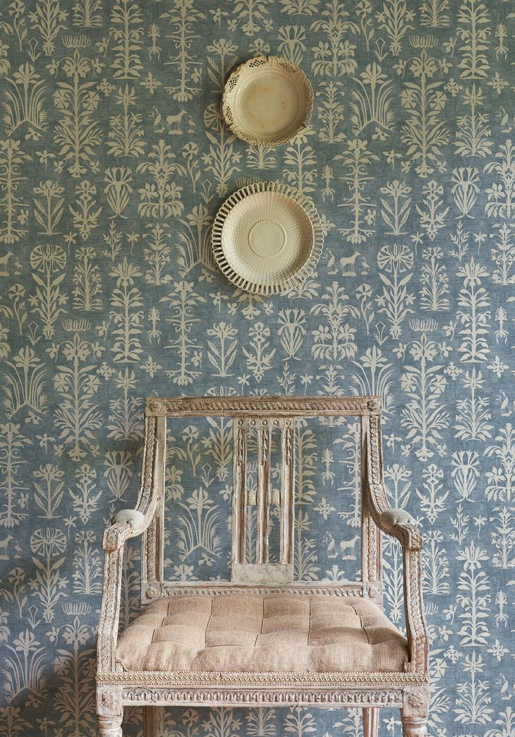 Papyrus blue wallpaper in room, lewis and wood