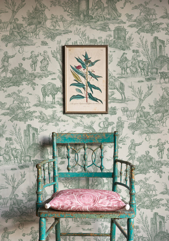 Toile Baptiste green wallpaper in room, lewis and wood