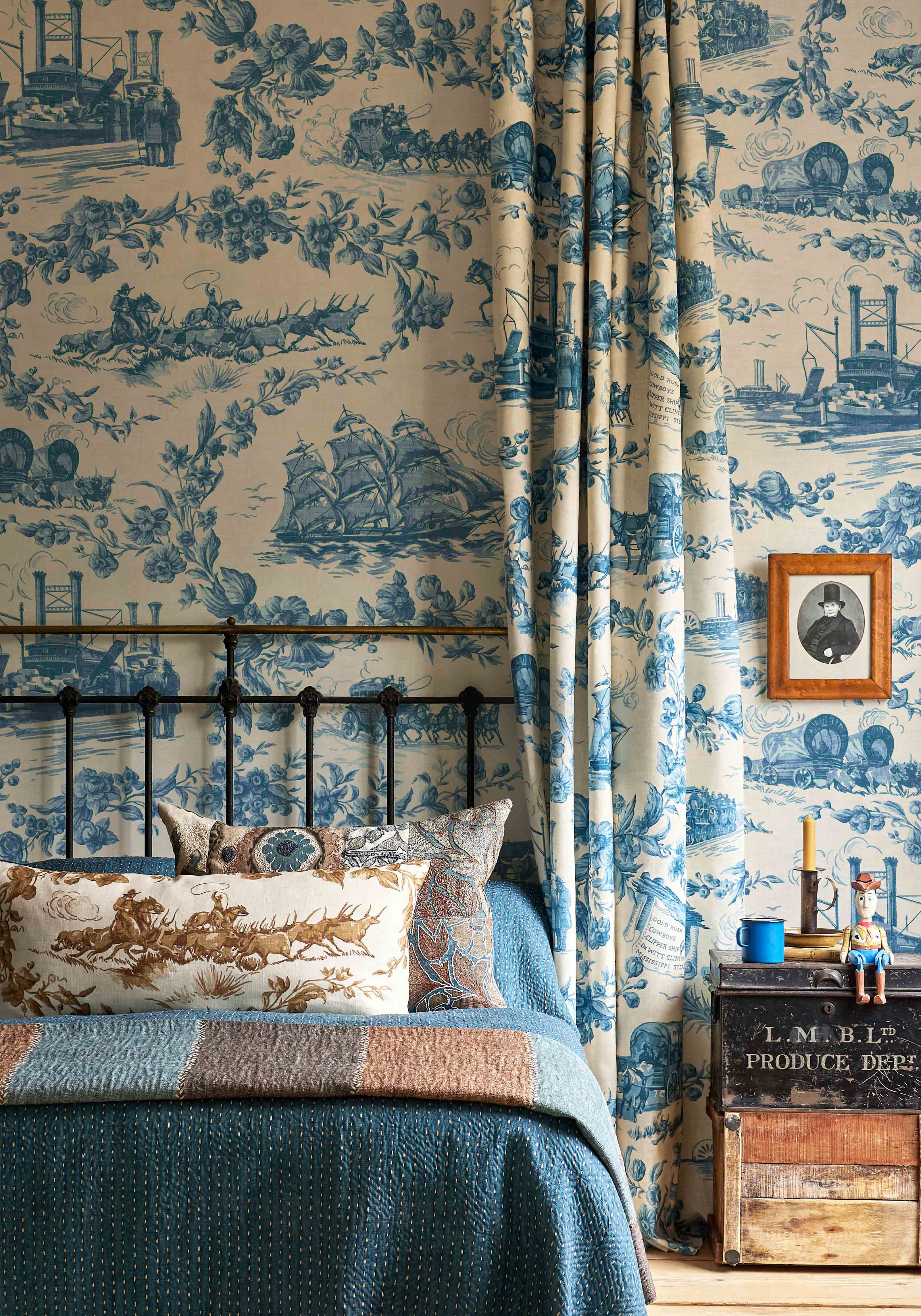 Pioneer Days wallpaper and curtain in bedroom, lewis and wood