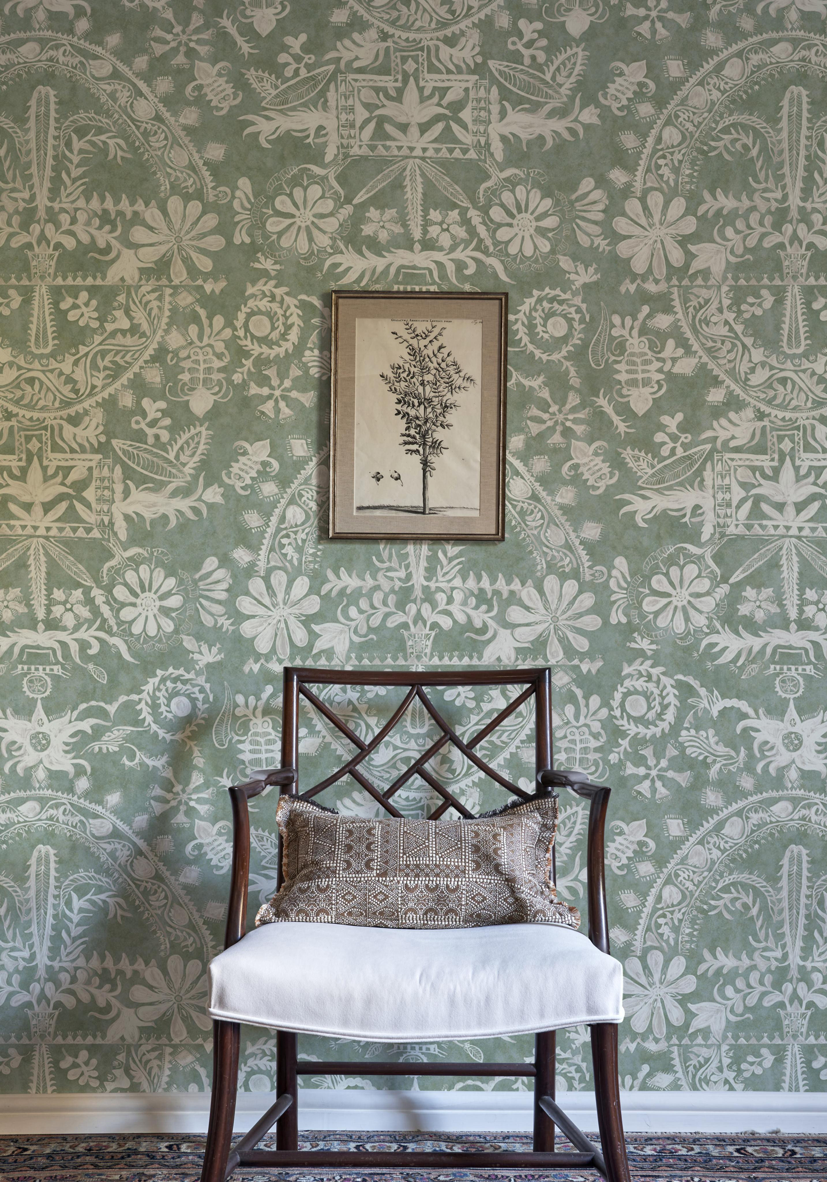 Womad design green wallpaper in room, lewis and wood