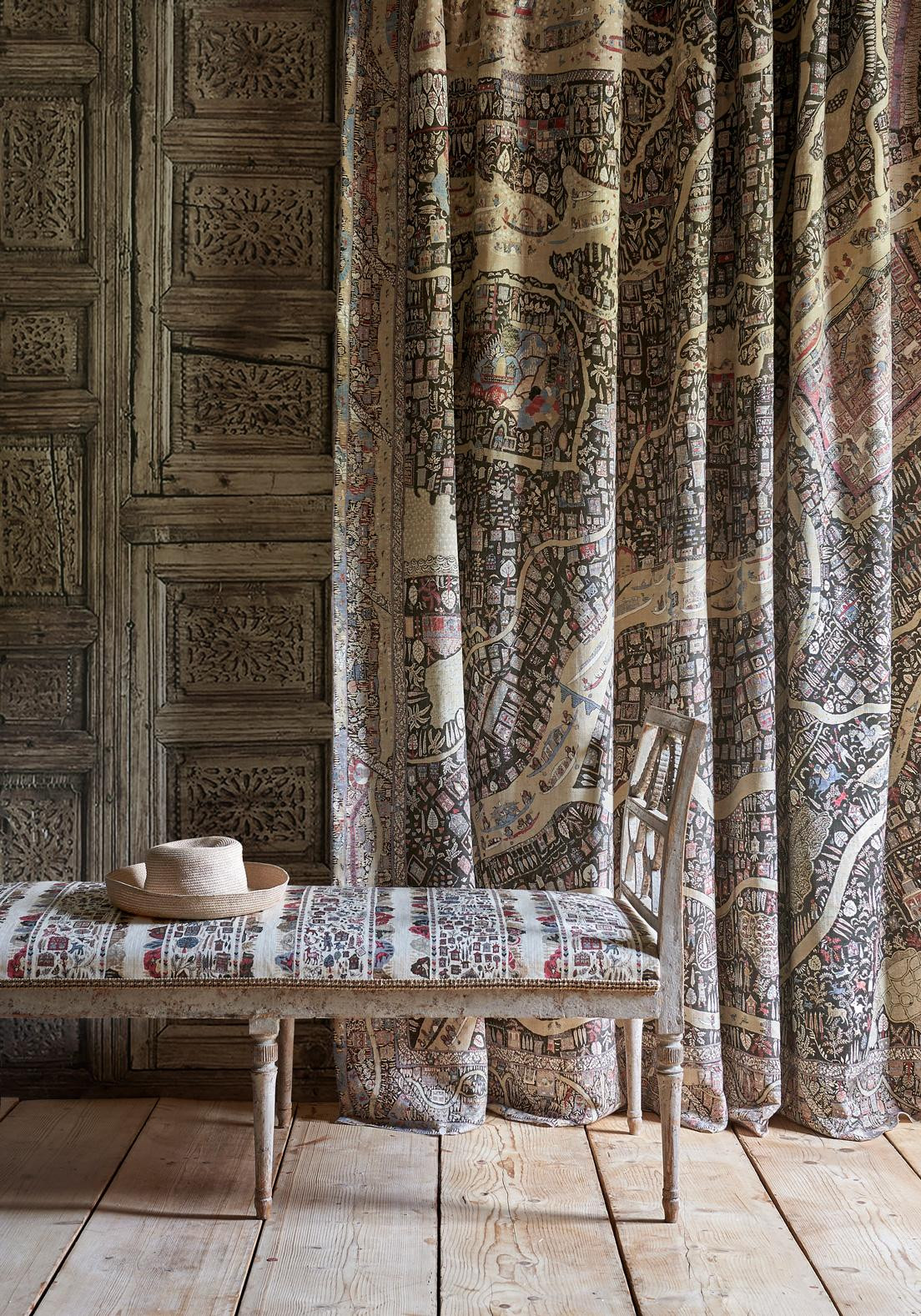 The Map curtain and Ravi Ribbon bench in room, lewis and wood
