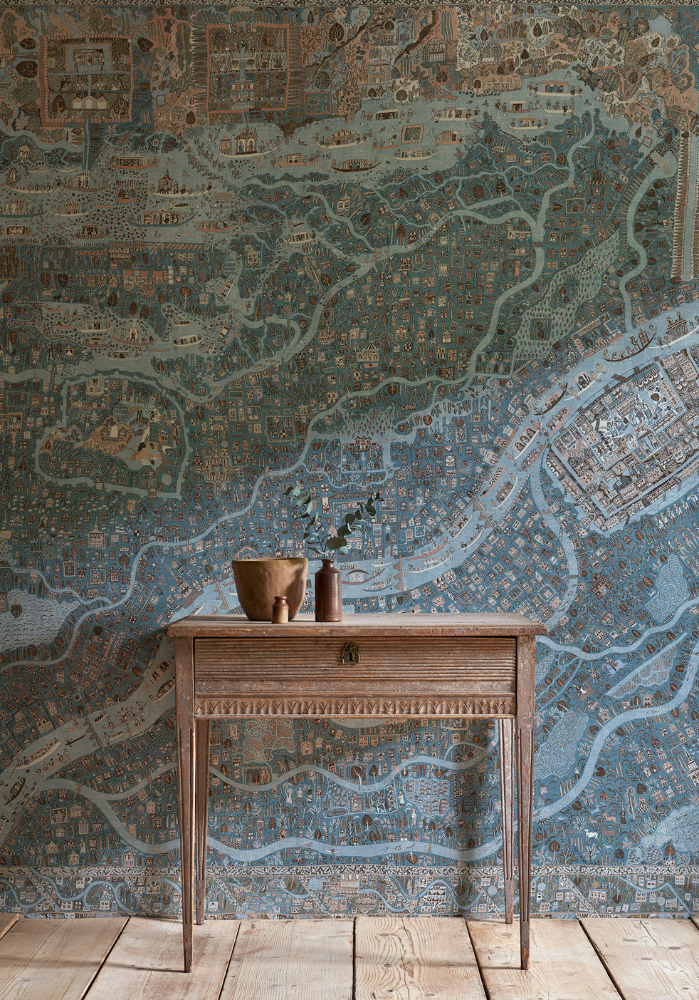 The Map blue wallpaper in living room, lewis and wood