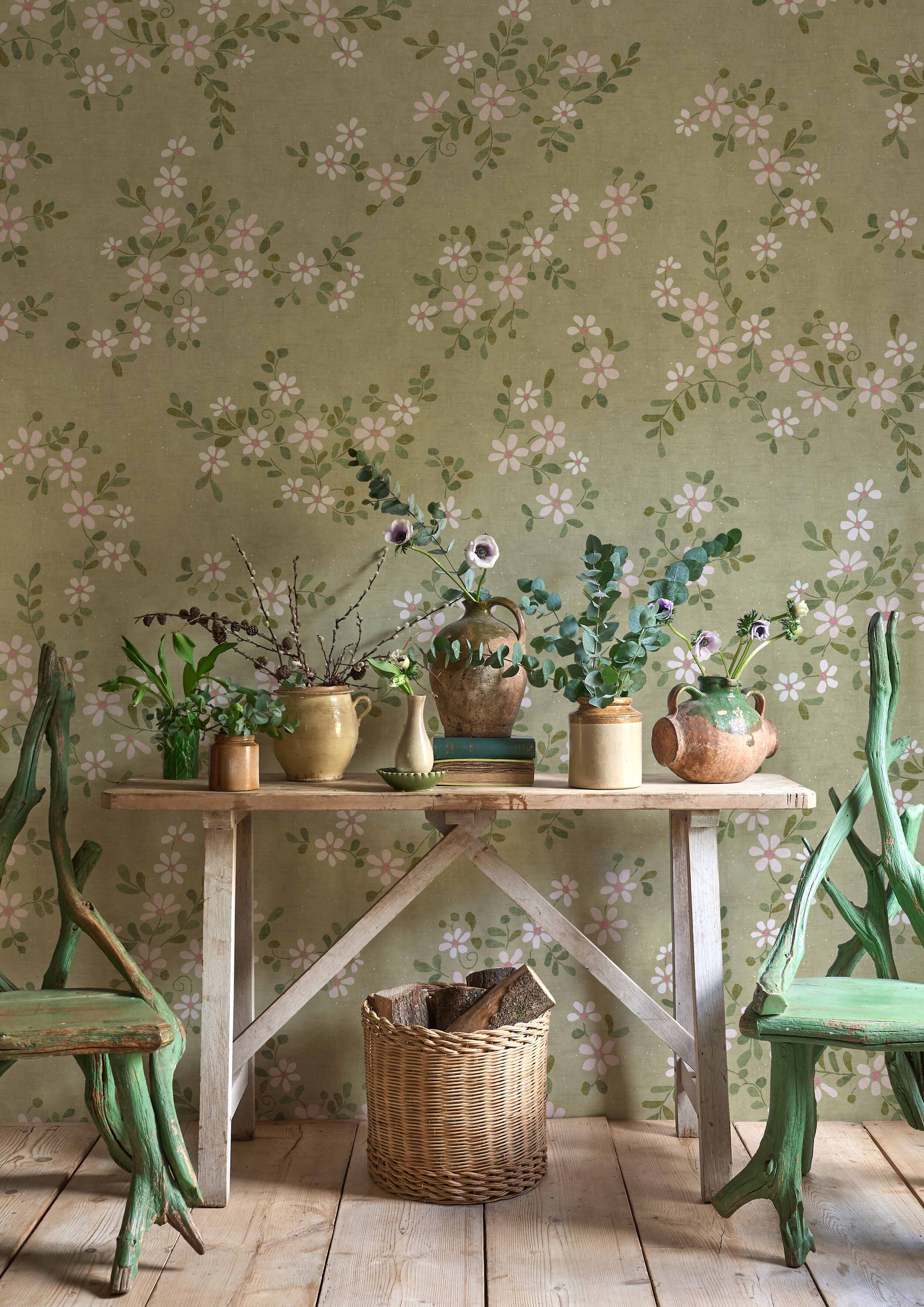 green spring dining table with floral wallpaper lewis and wood