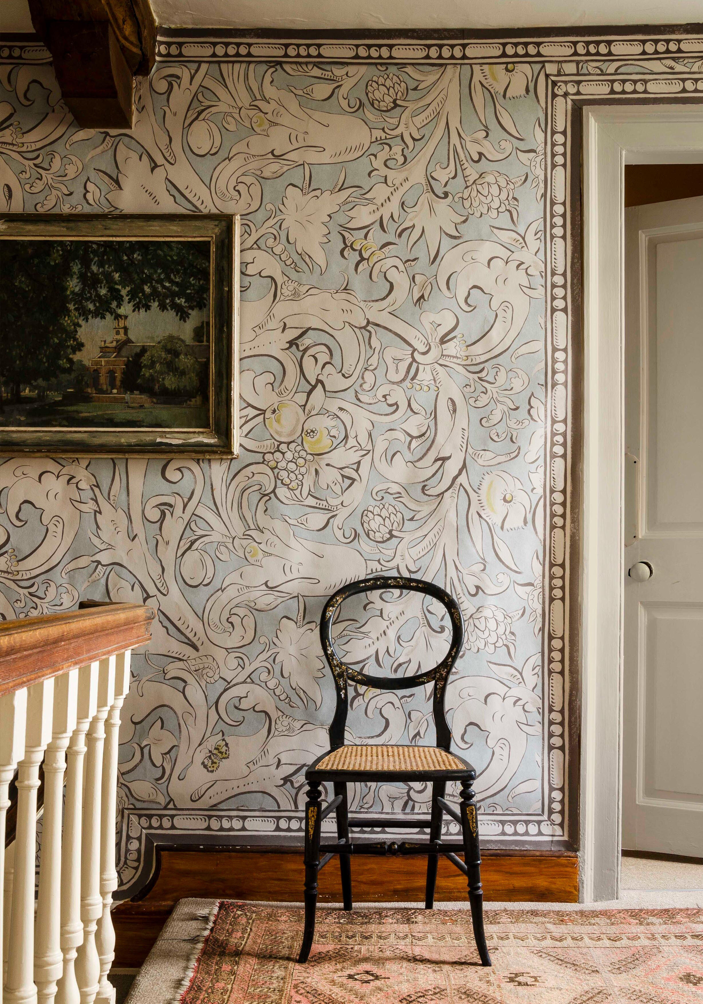Bacchus wallpaper in hallway, lewis and wood