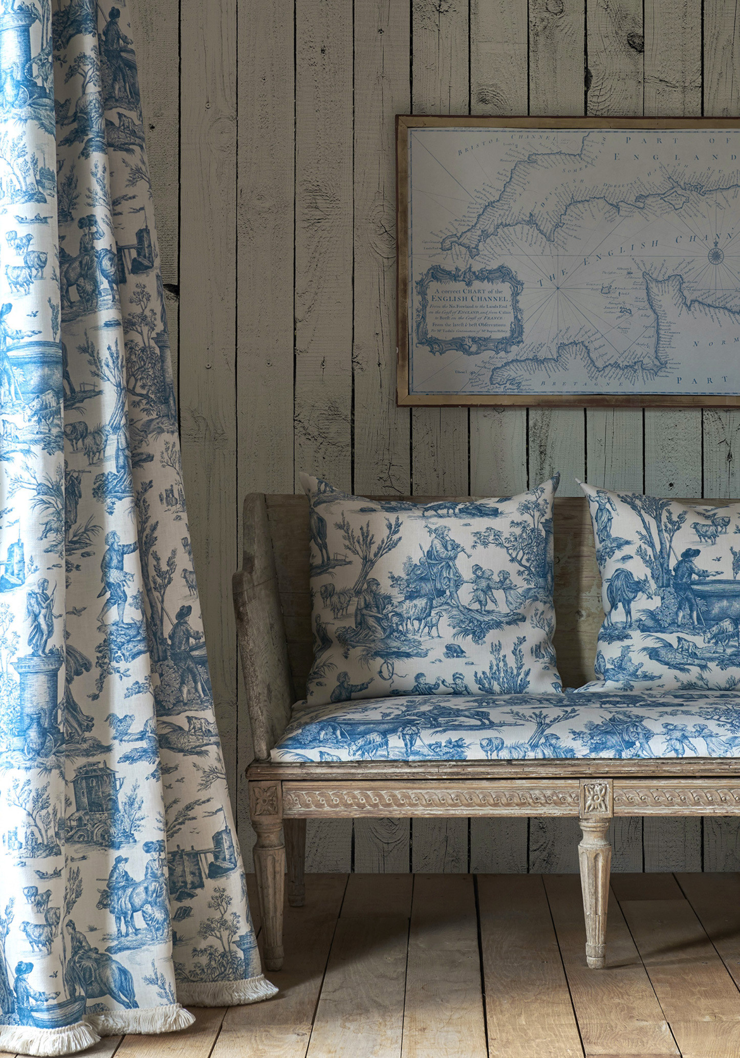 Toile Baptiste blue curtain and bench upholstery lewis and wood