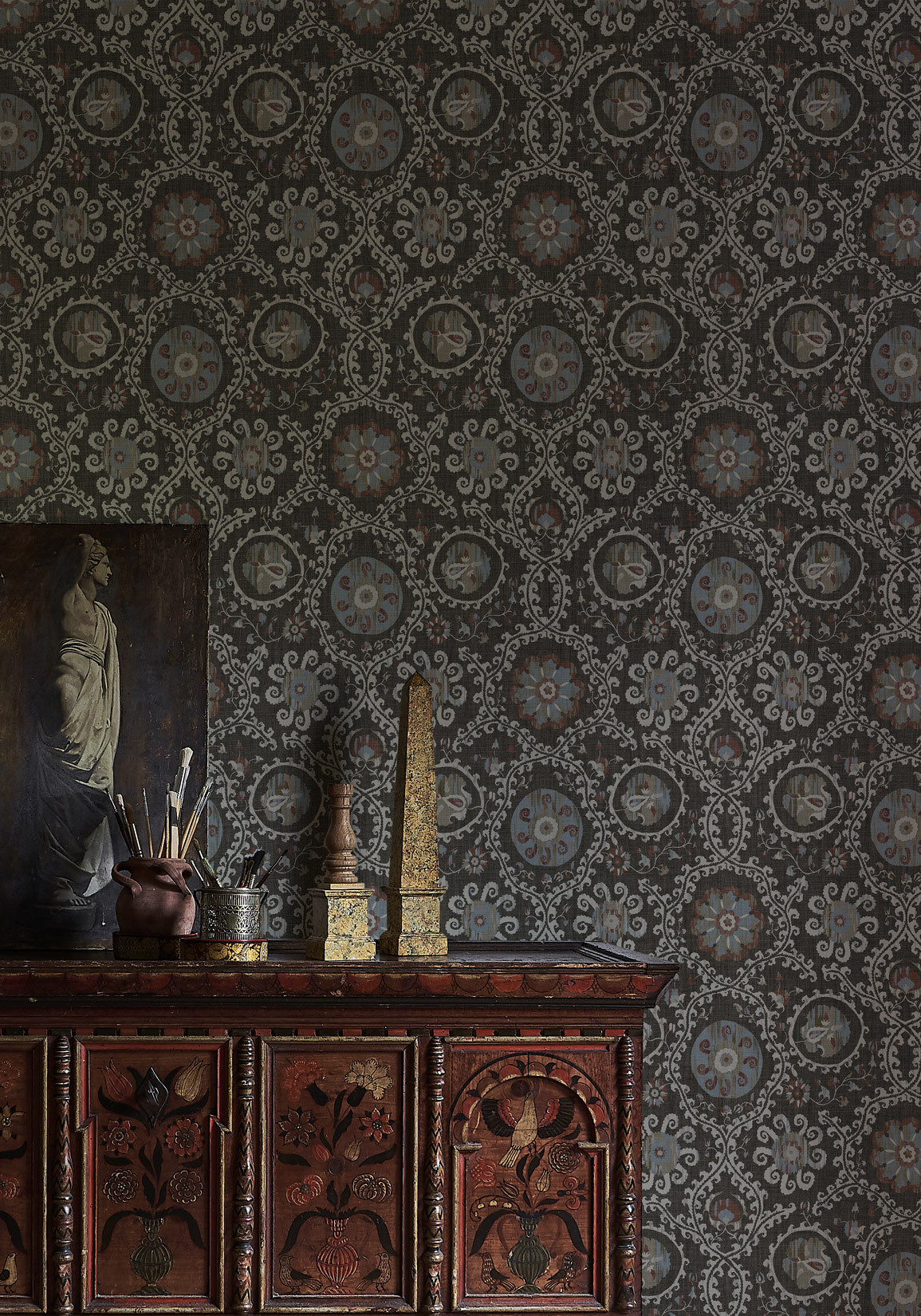 Oxus Turkish Brown wallpaper in living room, lewis and wood
