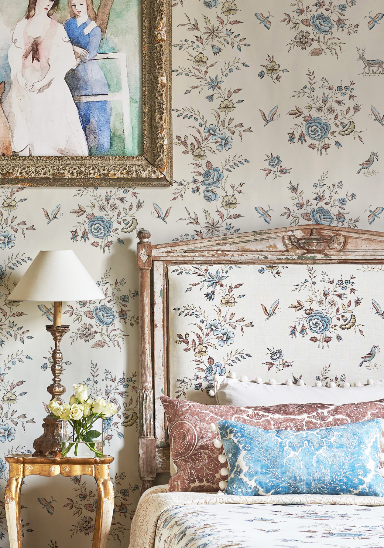 Fleurie design wallpaper and headboard in bedroom, lewis and wood