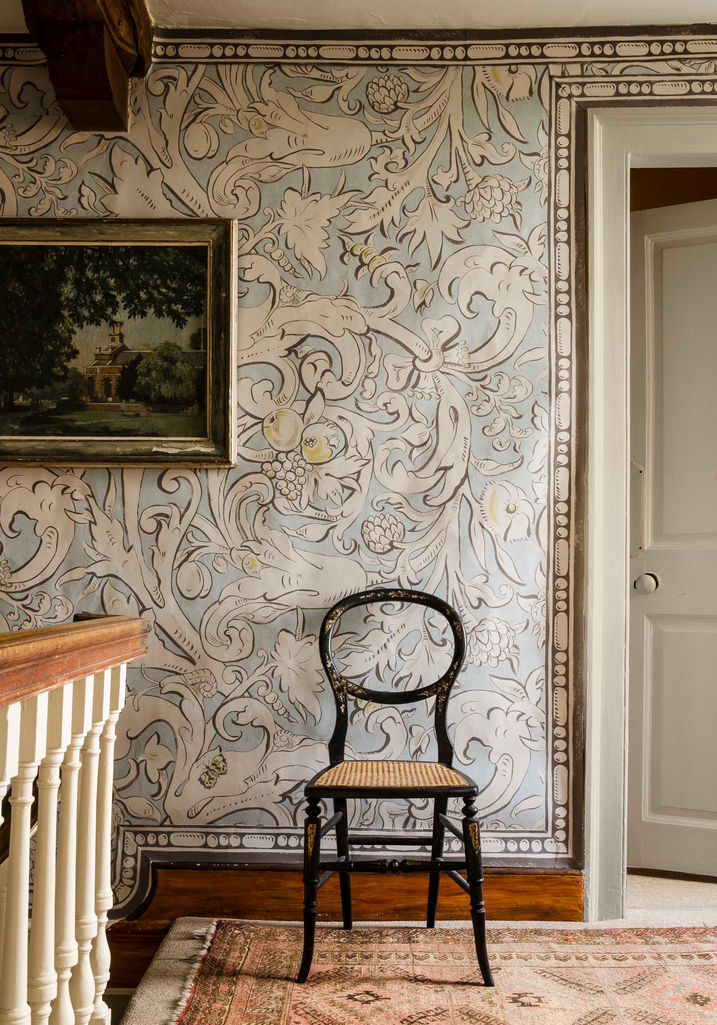 Bacchus blue botanical wallpaper hallway lewis and wood