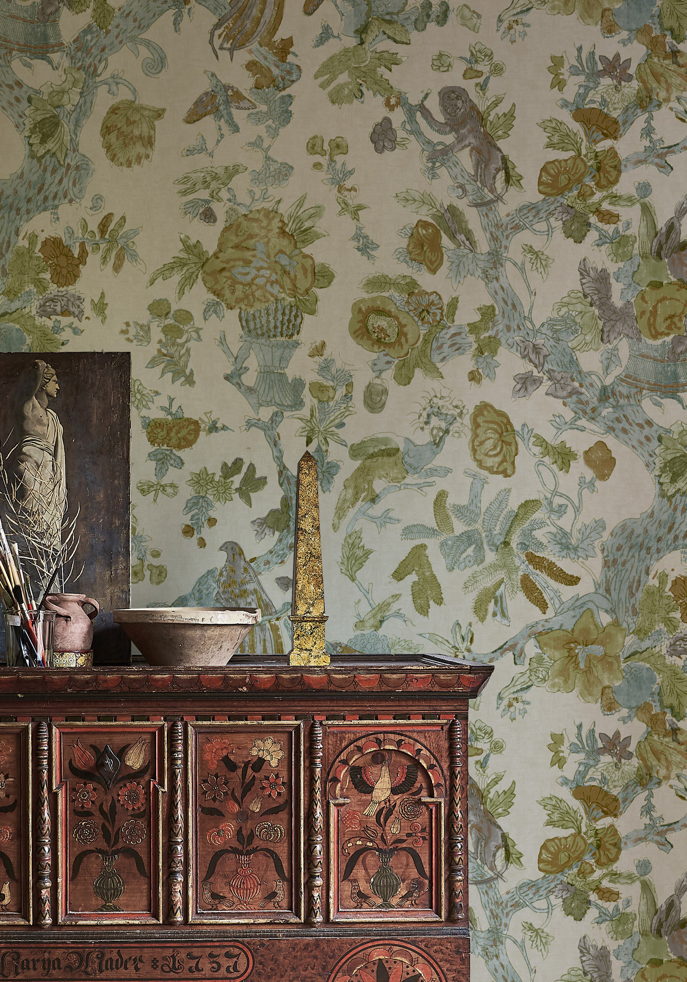 Wild Thing GInger Kiwi wallpaper in living room, lewis and wood
