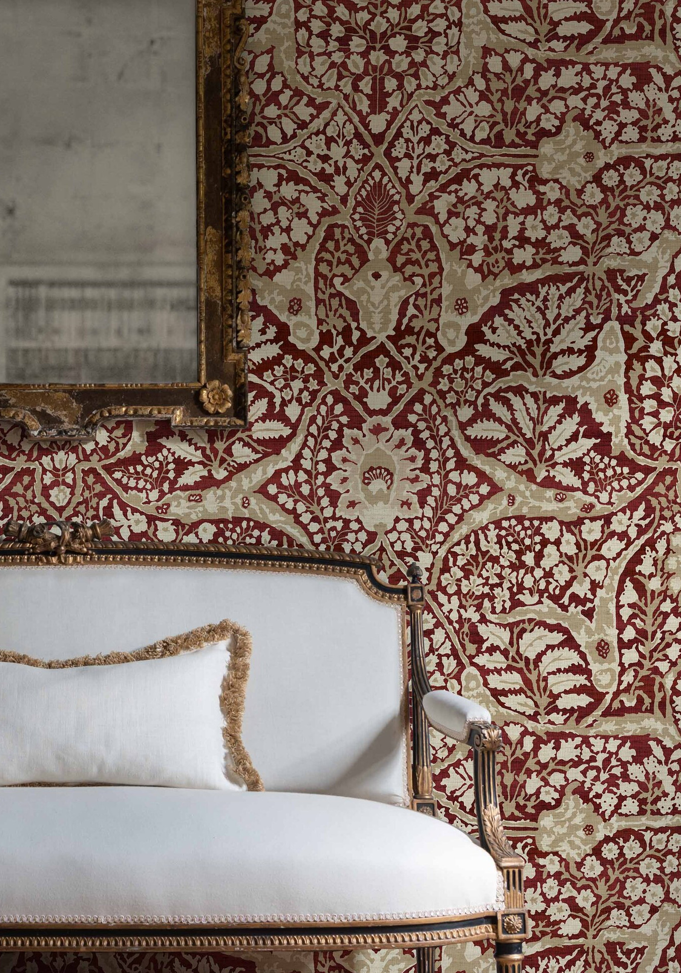Alhambra Garnet wallpaper in living room, lewis and wood